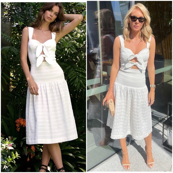 NWT Rebecca Vallance Cut Out Bow Seersucker Midi Dress Summer Resort US Size 2 - Picture 3 of 14